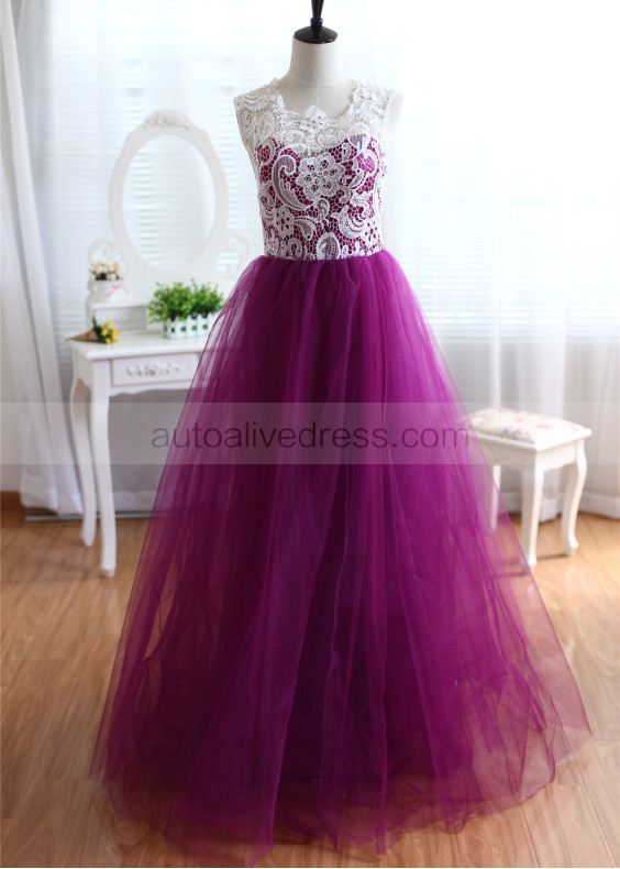 Ivory Lace Plum Tulle Elegant Maxi Prom Dress